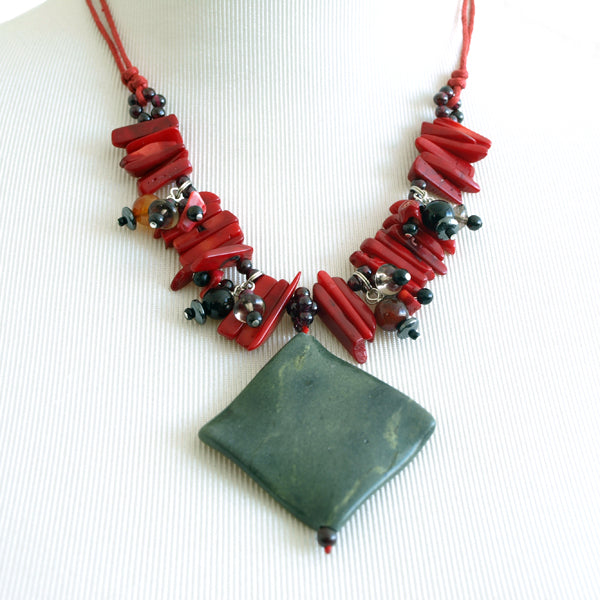 Single Strand 17.7 inch Red Coral and Garnet Necklace with Black Agate & 2x2 inch Diamond Shape Pendant