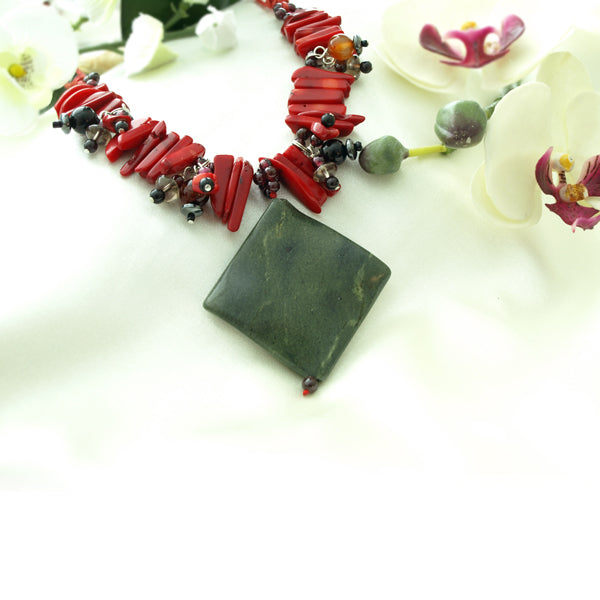 Single Strand 17.7 inch Red Coral and Garnet Necklace with Black Agate & 2x2 inch Diamond Shape Pendant