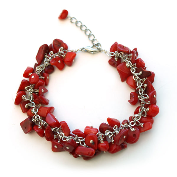 Red Coral Cylindrical Beads in Plain Silver Caps Bracelet - Rudra Centre