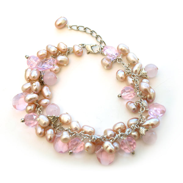 Pink Rose Quartz Cluster Bracelet, 7 inches