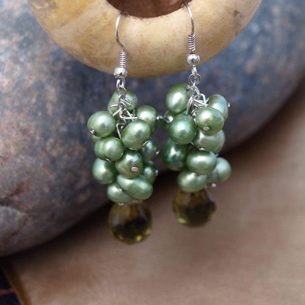 Green Cluster Dangle Earrings with Crystal