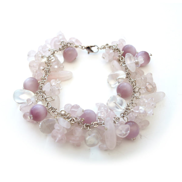 Rose Quartz Cluster Bracelet with Extendable Chain, 7 inches