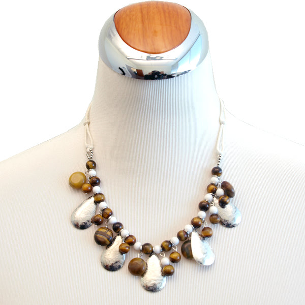 Beaded Tiger Eye and Silver Teardrops Necklace