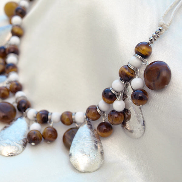 Beaded Tiger Eye and Silver Teardrops Necklace