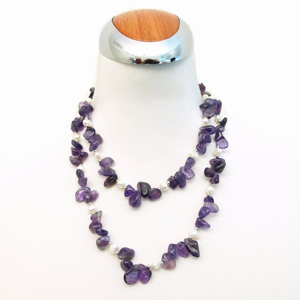Amethyst and Pearl Long Necklace, 39.4 inches