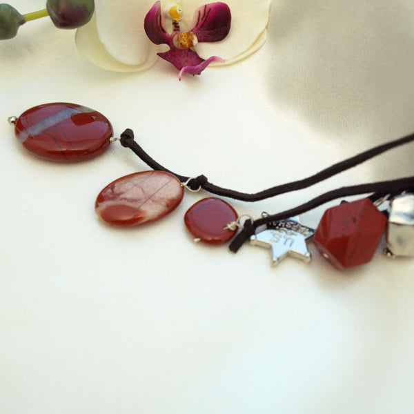 Red Jasper Pendant Drop Necklace with Charms, 23.6 inches