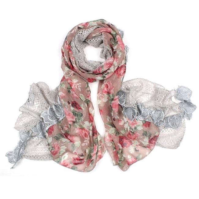 Floral Print Chiffon and Sequined Polyester Knit Triple Layer Lace Edge Scarf
