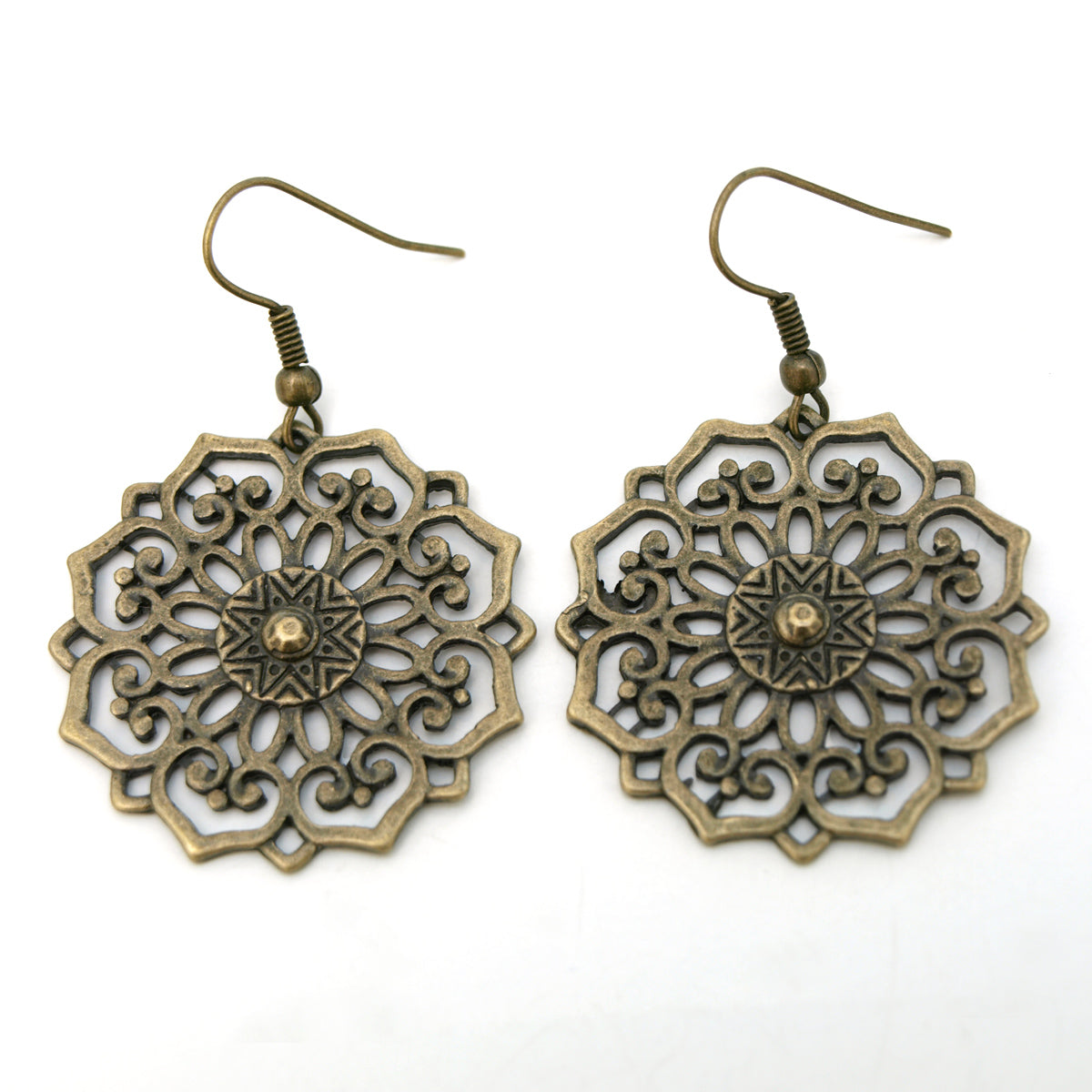 Vintage Floral Medallion Copper Dangle Earrings