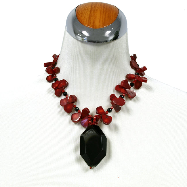 Red Coral and Black Agate Pendant Necklace, Earrings, Bracelet Jewelry Set, 17 inches