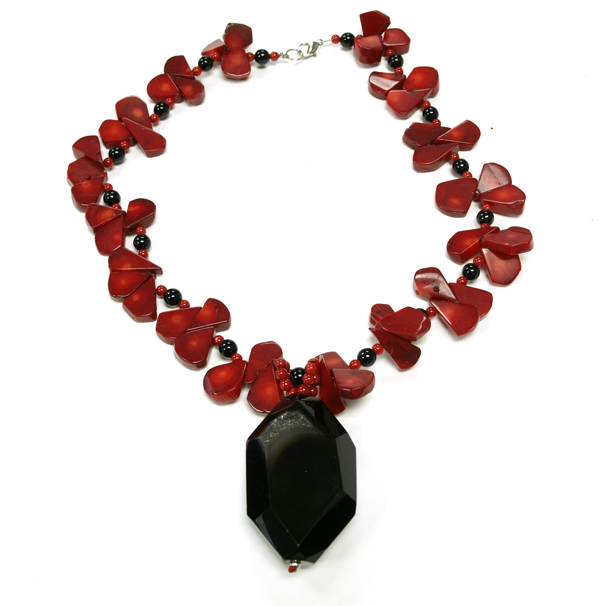 Red Coral and Black Agate Pendant Necklace, Earrings, Bracelet Jewelry Set, 17 inches