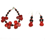 Red Coral and Black Agate Pendant Necklace, Earrings, Bracelet Jewelry Set, 17 inches