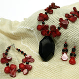 Red Coral and Black Agate Pendant Necklace, Earrings, Bracelet Jewelry Set, 17 inches