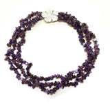 Three Strand Purple Cluster Necklace with Seashell Hawaiian Flower, 18 inches