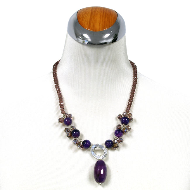 Purple Crystal and Agate Pendant Necklace, 19.5 inches