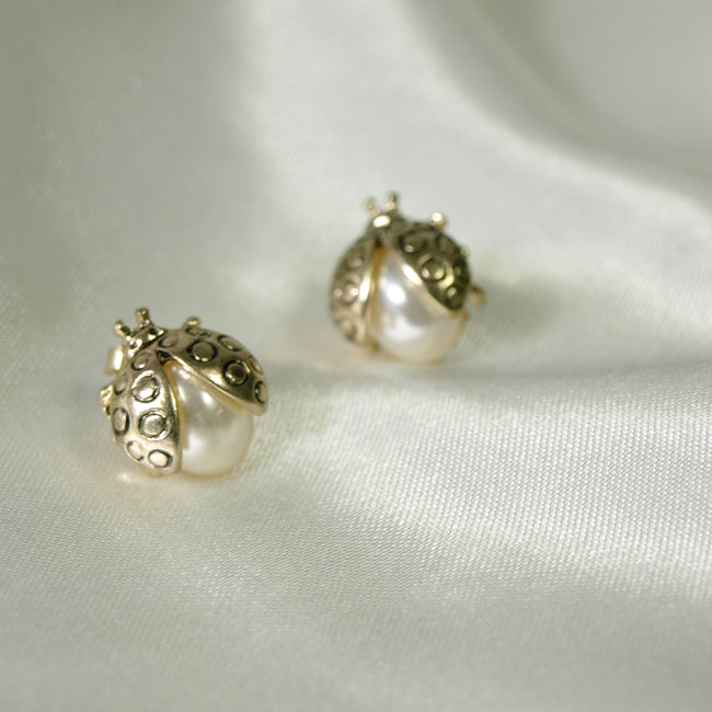 Golden Ladybug Earrings with Faux Pearl