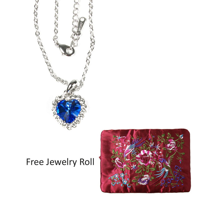 Royal Blue Heart Shaped Crystal Pendant Necklace, 16 Inches + Large Burgundy Silk Embroidered Jewelry Roll