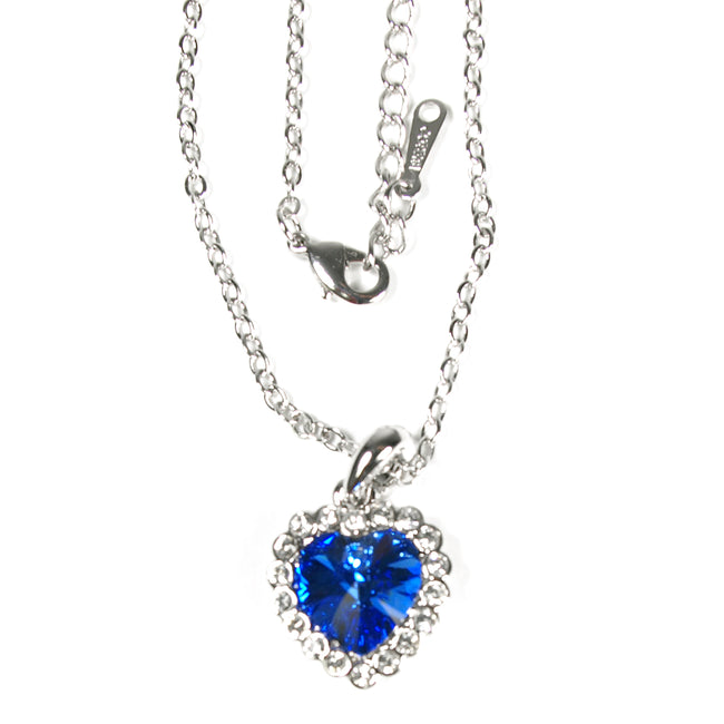 Royal Blue Heart Shaped Crystal Pendant Necklace, 16 Inches + Large Burgundy Silk Embroidered Jewelry Roll