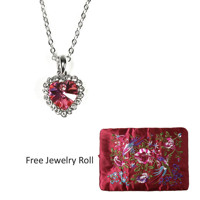 Rose Red Heart Shaped Crystal Pendant Necklace, 16 Inches + Large Burgundy Silk Embroidered Jewelry Roll