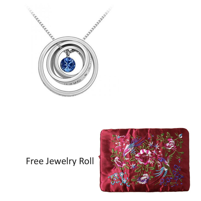 Crystal White Gold Plated Triple Rings Pendant Necklace + Large Burgundy Silk Embroidered Jewelry Roll