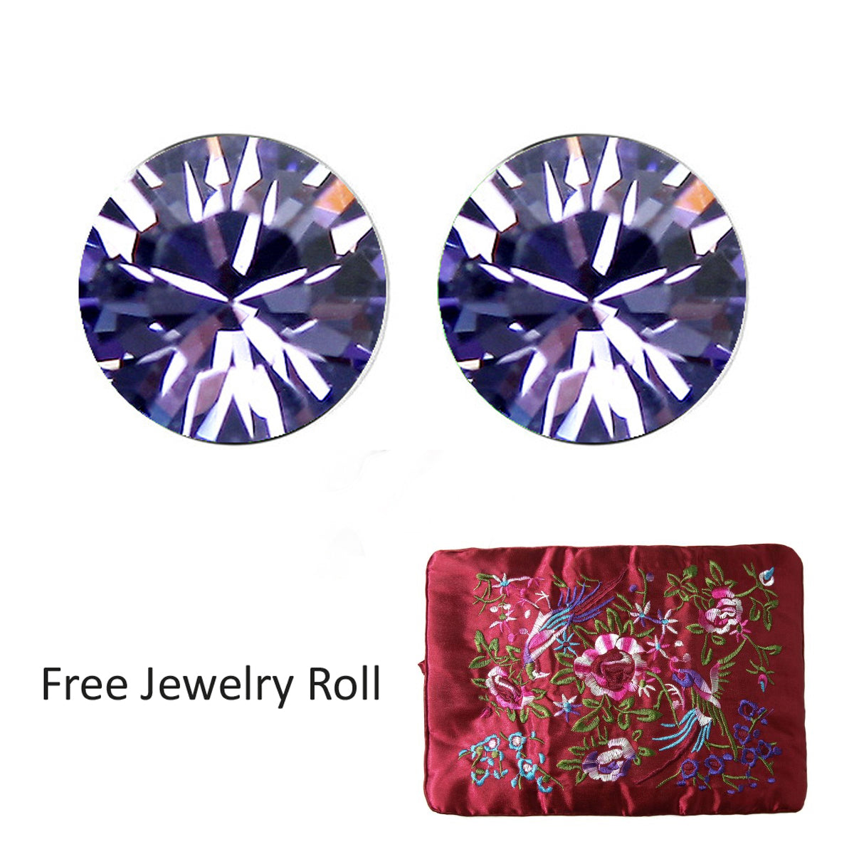 Purple Crystal Stud Earrings + Large Burgundy Silk Embroidered Jewelry Roll