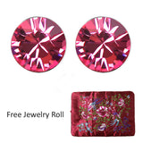 Rose Crystal Stud Earrings + Large Burgundy Silk Embroidered Jewelry Roll