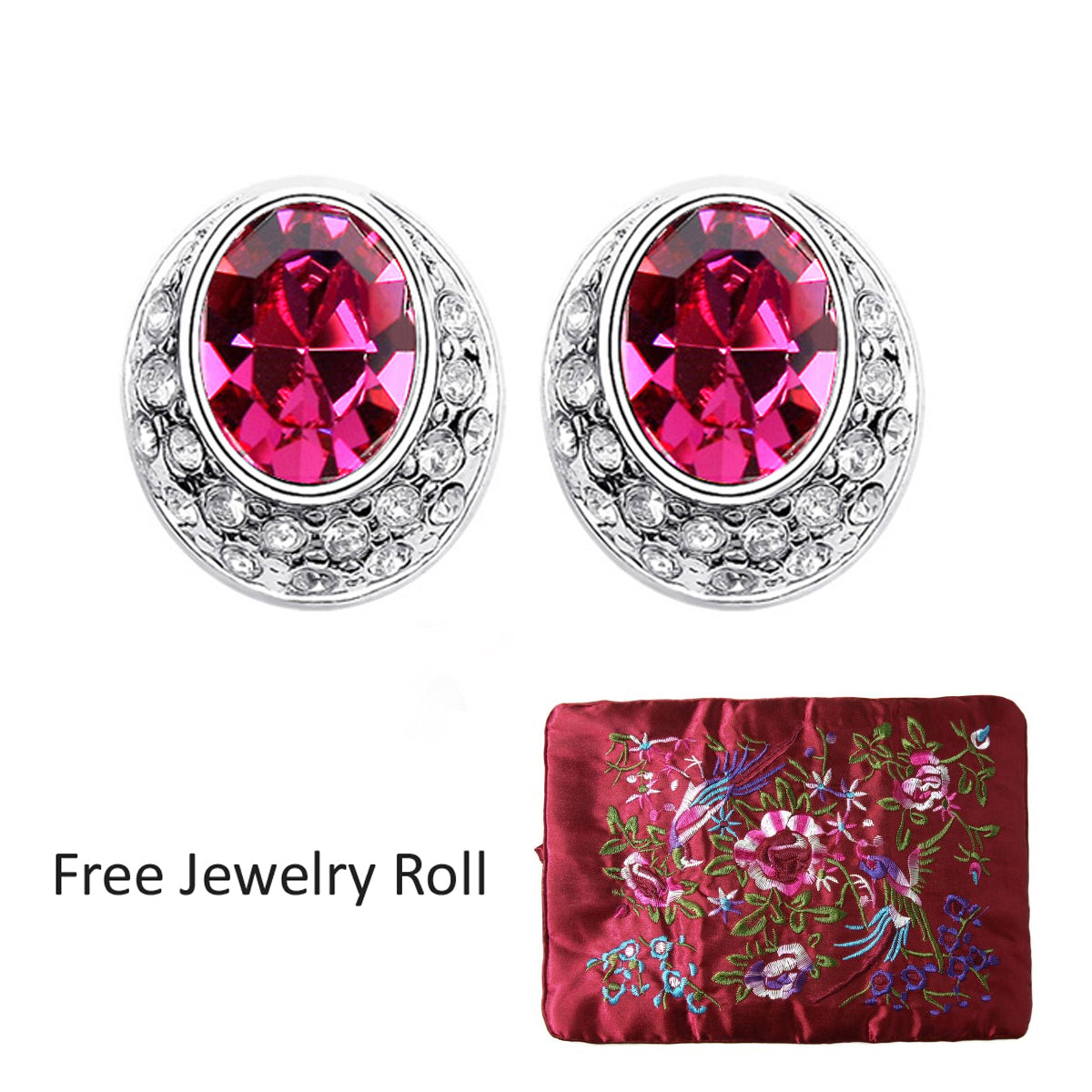 Magenta Crystal Earrings + Large Burgundy Silk Embroidered Jewelry Roll
