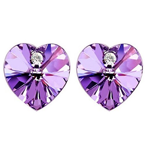 Purple Crystal Heart Gold Plated Stud Earrings + Large Burgundy Silk Embroidered Jewelry Roll