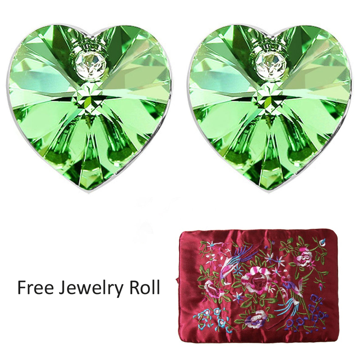Green Crystal Heart Gold Plated Stud Earrings + Large Burgundy Silk Embroidered Jewelry Roll