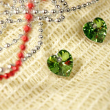 Green Crystal Heart Gold Plated Stud Earrings + Large Burgundy Silk Embroidered Jewelry Roll
