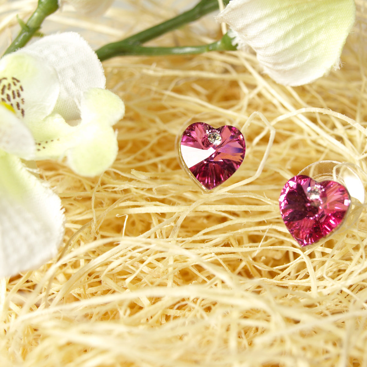 Rose Red Crystal Heart Gold Plated Stud Earrings + Large Burgundy Silk Embroidered Jewelry Roll