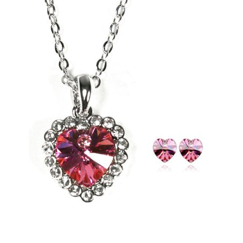 Rose Red Crystal Heart Necklace and Earrings Jewelry Set