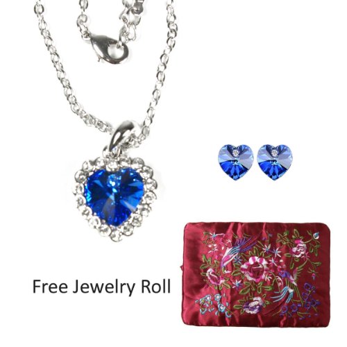 Sapphire Blue Crystal Heart Gold Plated Necklace and Earrings Jewelry Set + Large Burgundy Silk Embroidered Jewelry Roll