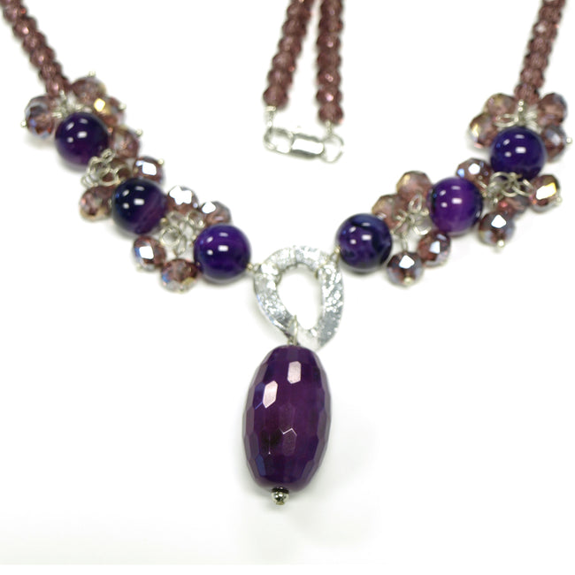 Purple Crystal and Agate Pendant Necklace, 19.5 inches + Large Burgundy Silk Embroidered Jewelry Roll