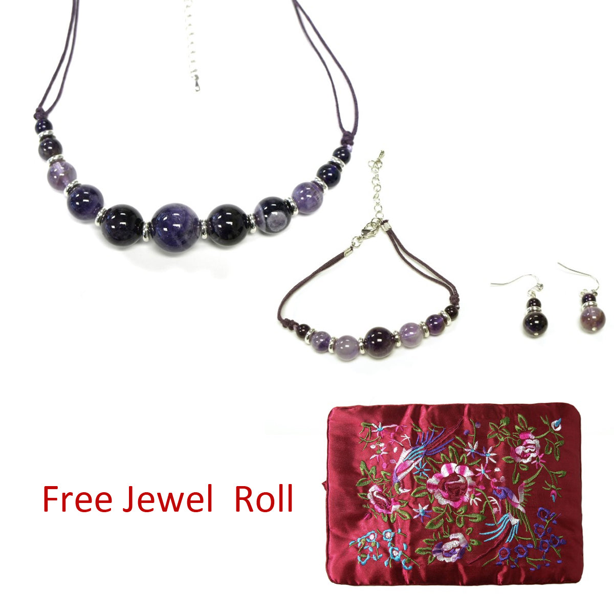 Round Purple Quartz Beads Necklace, Bracelet, and Earrings Jewelry Set + Large Burgundy Silk Embroidered Jewelry Roll