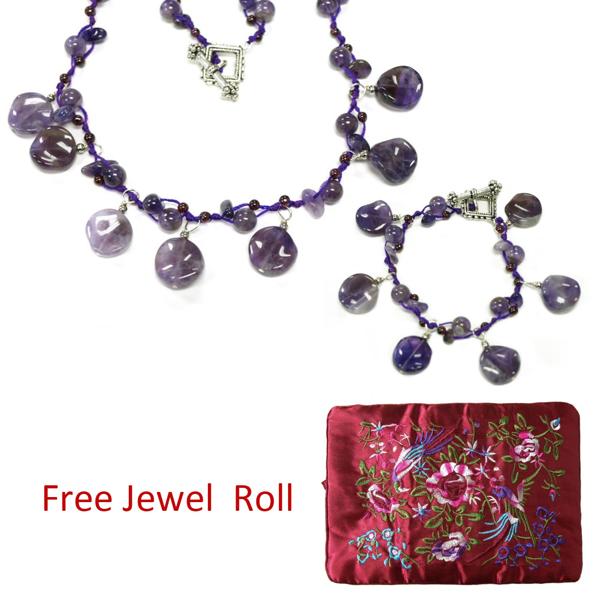 Purple Quartz Necklace and Bracelet Jewelry Set + Large Burgundy Silk Embroidered Jewelry Roll