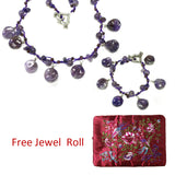 Purple Quartz Necklace and Bracelet Jewelry Set + Large Burgundy Silk Embroidered Jewelry Roll