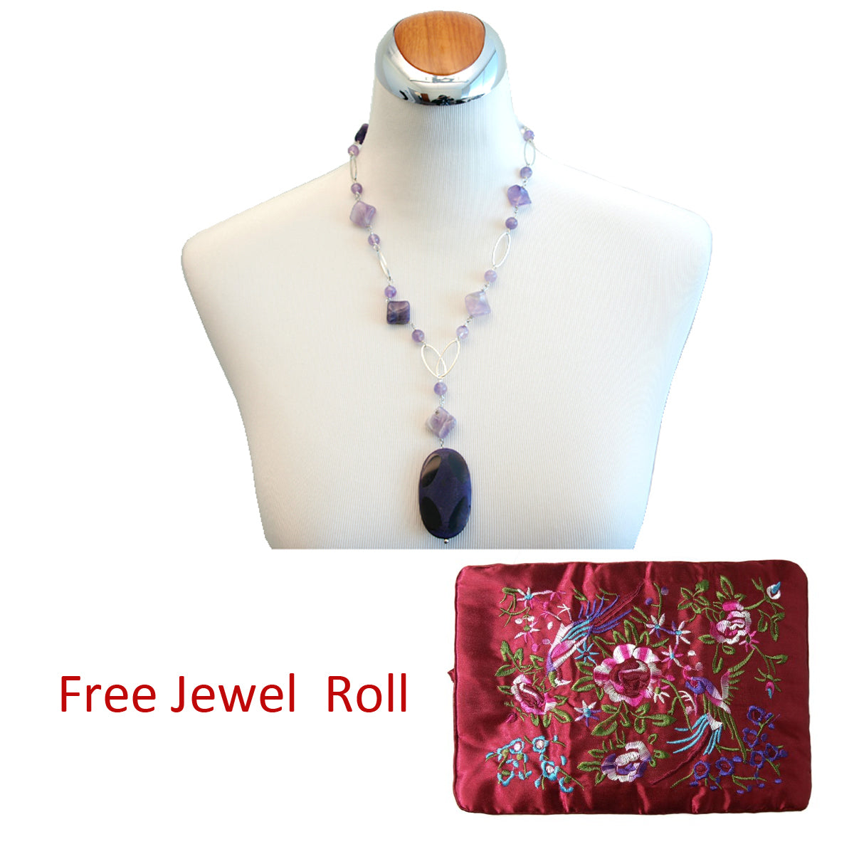 Royal Purple Drop Pendant Necklace, 23.6 inches + Large Burgundy Silk Embroidered Jewelry Roll