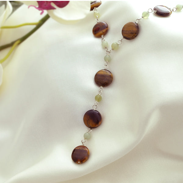 Tiger Eye Drop Necklace with Adjustable Chain, 17.7 inch + Large Burgundy Silk Embroidered Jewelry Roll