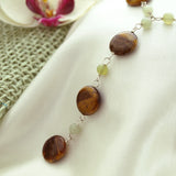 Tiger Eye Drop Necklace with Adjustable Chain, 17.7 inch + Large Burgundy Silk Embroidered Jewelry Roll