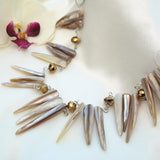 Long Shell Necklace with Brown Crystals, 19 inches + Large Burgundy Silk Embroidered Jewelry Roll