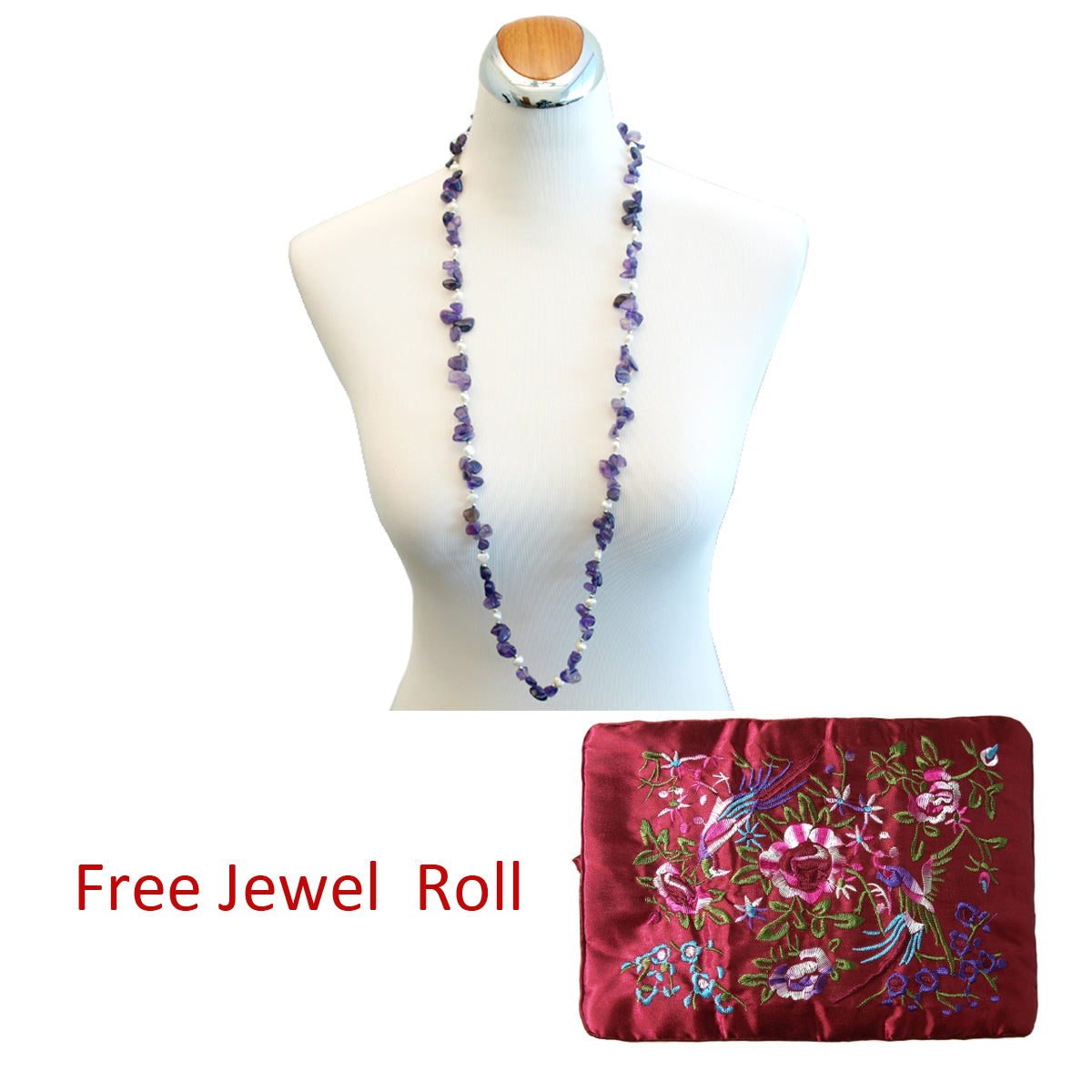 Amethyst and Pearl Long Necklace, 39.4 inches + Large Burgundy Silk Embroidered Jewelry Roll