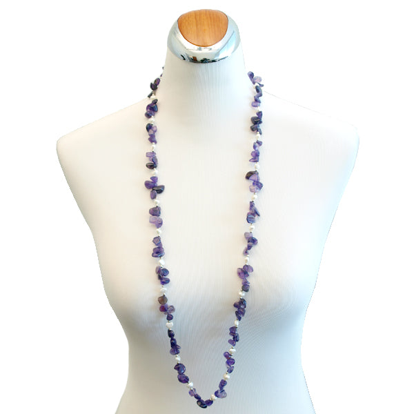 Amethyst and Pearl Long Necklace, 39.4 inches + Large Burgundy Silk Embroidered Jewelry Roll