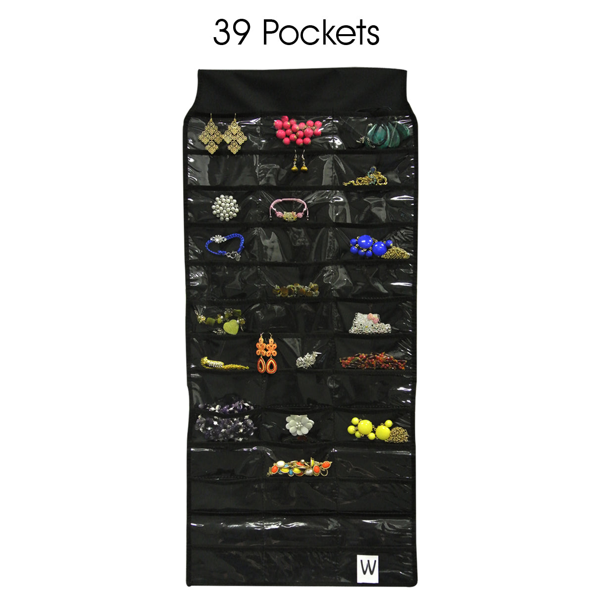 39 Pocket Black Polyester Hanging Jewelry Organizer with 28 Holding Loops