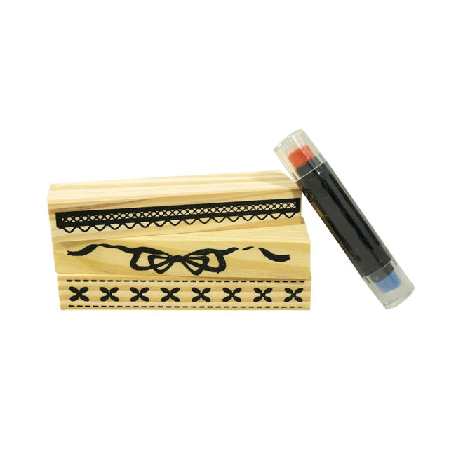 Decorative Borders Rubber Stamp Set, 3pcs set + 1 ink pen