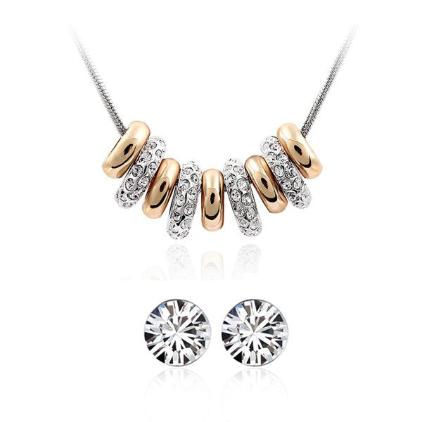 Gold Plated 9 Ring Necklace with CZ Rhinestones and Crystal Stud Earrings Jewelry Set