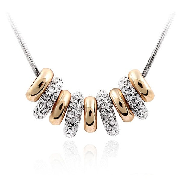 Gold Plated 9 Ring Necklace with CZ Rhinestones and Crystal Stud Earrings Jewelry Set