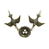 Vintage Swallows and Nest Pendant Necklace with Faux Pearl Eggs