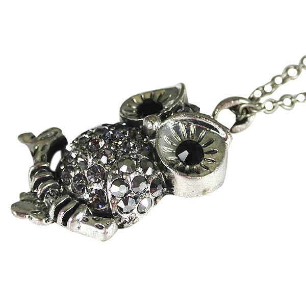 Vintage Antique Silver Finish Rhinestone Owl Pendant Necklace