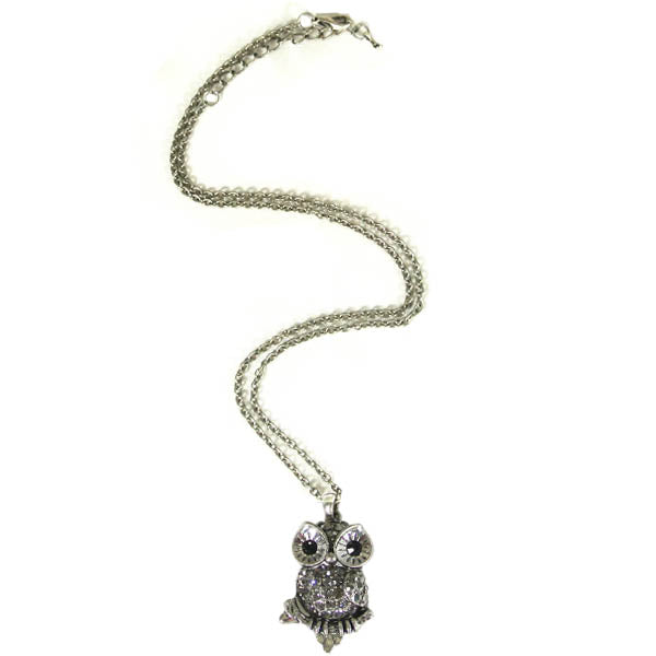 Vintage Antique Silver Finish Rhinestone Owl Pendant Necklace