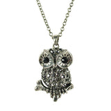 Vintage Antique Silver Finish Rhinestone Owl Pendant Necklace